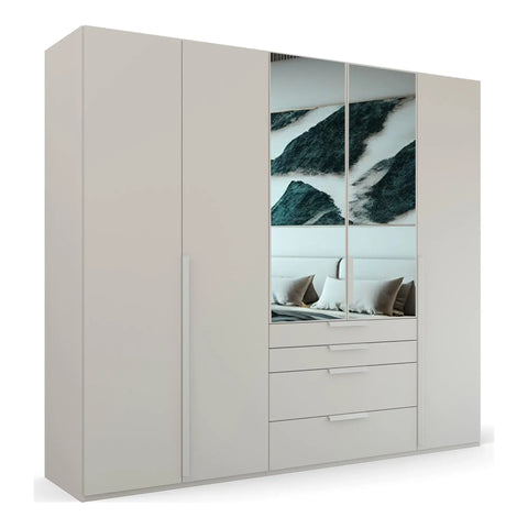 Frans 5 Door wardrobe Grey with Drawers at the bottom, Size: Width 250cm, Height 223cm and Depth 60cm. Colour Silk Grey, Front Decor with optional Mirror - Bedroom Storage Solution Large Cupboard - 003