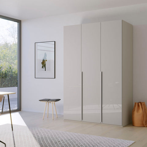 "Contemporary Frans Wardrobe with 3 Doors - Silk Grey finish. Elegant and functional design with elongated handles matching the cabinet color. Glass fronts provide a sophisticated touch. Available in three color options: Graphite, Silk Grey, and White. Elevate your storage with this stylish wardrobe." - 010