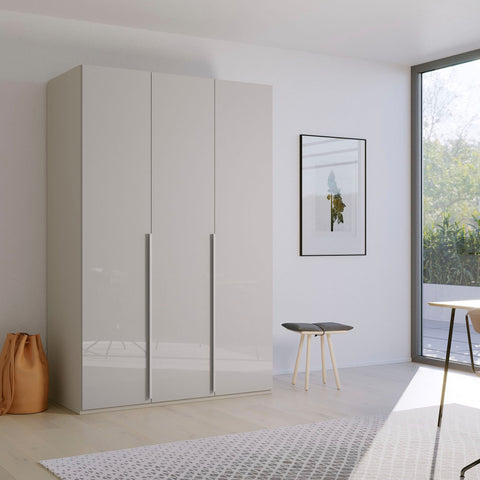 "Contemporary Frans Wardrobe with 3 Doors - Silk Grey finish. Elegant and functional design with elongated handles matching the cabinet color. Glass fronts provide a sophisticated touch. Available in three color options: Graphite, Silk Grey, and White. Elevate your storage with this stylish wardrobe." - 009