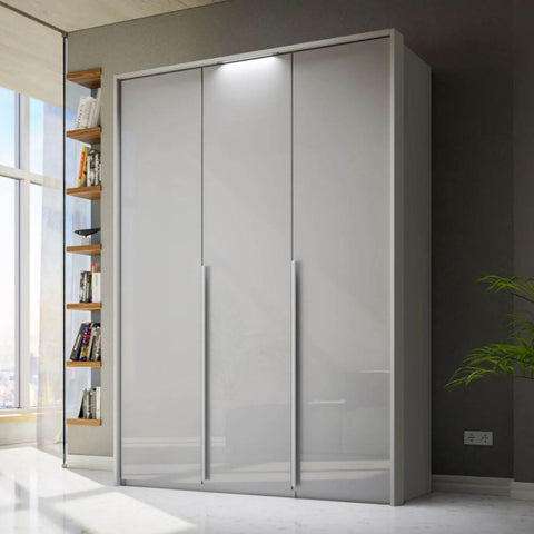 "Contemporary Frans Wardrobe with 3 Doors - Silk Grey finish. Elegant and functional design with elongated handles matching the cabinet color. Glass fronts provide a sophisticated touch. Available in three color options: Graphite, Silk Grey, and White. Elevate your storage with this stylish wardrobe." - 013