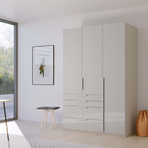 Rauch Frans Premium 3-Door Wardrobe with Drawers, Dimensions: W151cm x H223cm. Available in Glass Front White Glass, Basalt Glass, and Silk Grey Glass. Choose the optional mirror above drawers. Free delivery and assembly included. Enhance your space with this high-quality wardrobe - 009