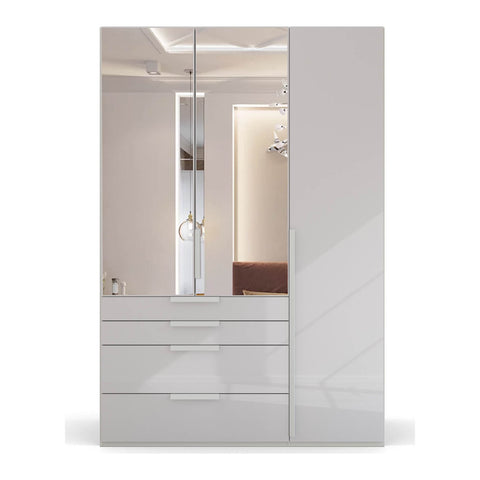 Rauch Frans Premium 3-Door Wardrobe with Drawers, Dimensions: W151cm x H223cm. Available in Glass Front White Glass, Basalt Glass, and Silk Grey Glass. Choose the optional mirror above drawers. Free delivery and assembly included. Enhance your space with this high-quality wardrobe - 011