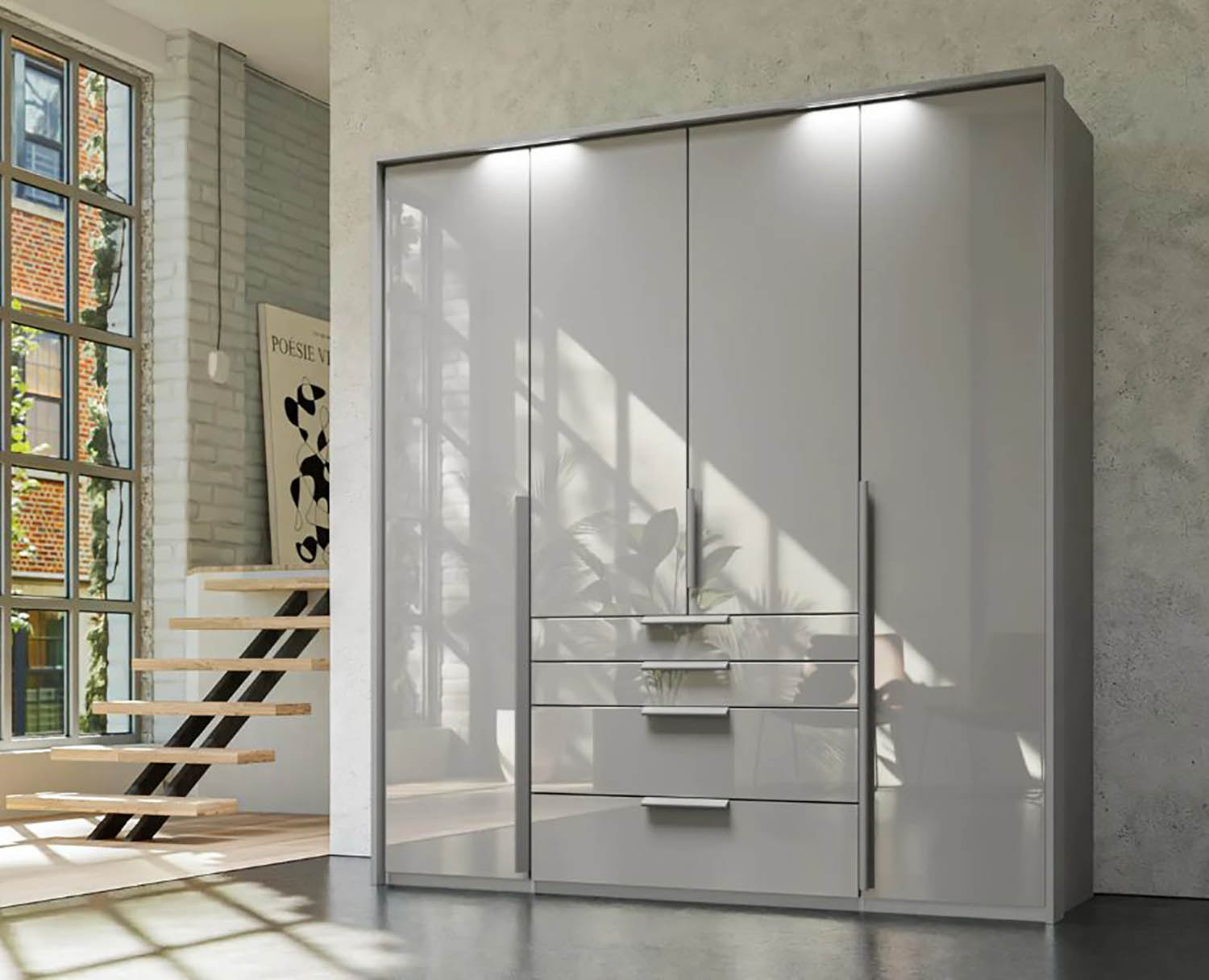 Frans 200cm Glass 4 Door Wardrobe with Drawers