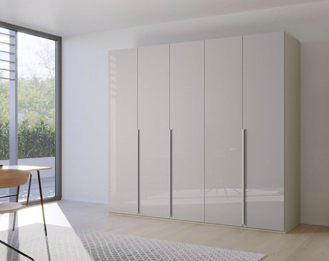 Frans Large 5 Door Wardrobe by Rauch with color glass fronts. Choose from refined White, Silk Grey, or Graphite finishes. Chic and versatile storage solution for your bedroom, featuring sophisticated design elements, comes with free assembly service. - 003