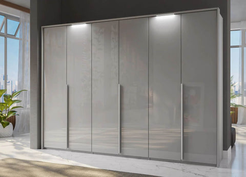 Frans Grey 6 door 3m long wardrobe with Mirror, comes with premium interior. Available for Sale online free delivery and assembly, Pay with interest free monthly instalments - With Lights