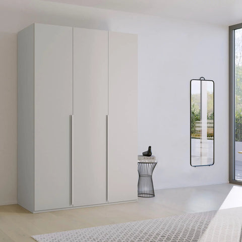 Frans Hinged 3 Door 150cm Wardrobe with Integrated Drawers and Modern Metal Handles in Cabinet Color, Premium Quality, Made in Germany. Size: Width 150cm Height 223cm Depth 60cm . Comes From Free Assembly Service - Silk Grey Colour 3