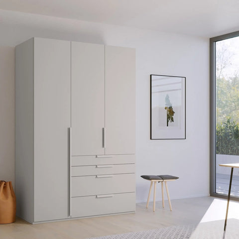 Rauch Frans Premium 3-Door Wardrobe with Drawers, Dimensions: W151cm x H223cm. Available in White, Graphite, and Silk Grey. Choose the optional mirror above drawers. Free delivery and assembly included. Enhance your space with this high-quality wardrobe - 002