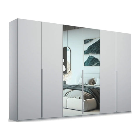 "Modern and Spacious 6-Door Wardrobe in Classic Black, Grey, and White Colors, Ideal for Contemporary Bedrooms, 300cm Width, Premium Quality, Free Delivery, and Assembly." - Silk grey and Mirror Front