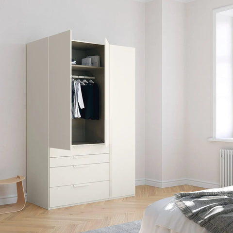 Rauch Frans Premium 3-Door Wardrobe with Drawers, Dimensions: W151cm x H223cm. Available in White, Graphite, and Silk Grey. Choose the optional mirror above drawers. Free delivery and assembly included. Enhance your space with this high-quality wardrobe - 017