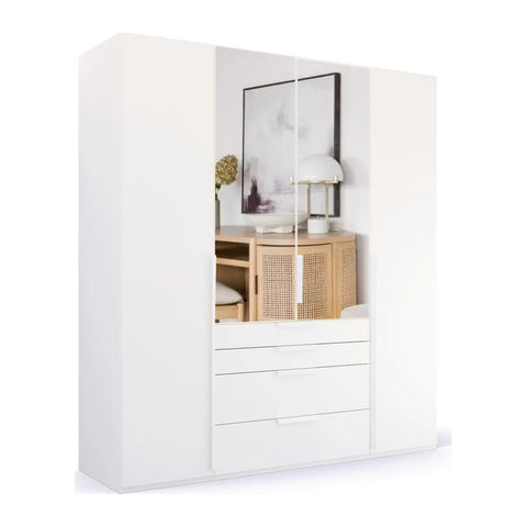 Frans 4-Door Wardrobe with Drawers in White decor finish, showcasing modern design, spacious interior, and premium craftsmanship. Ideal for organised and stylish bedroom storage solutions. Dimensions are Width 200cm and Height 223cm. - 002