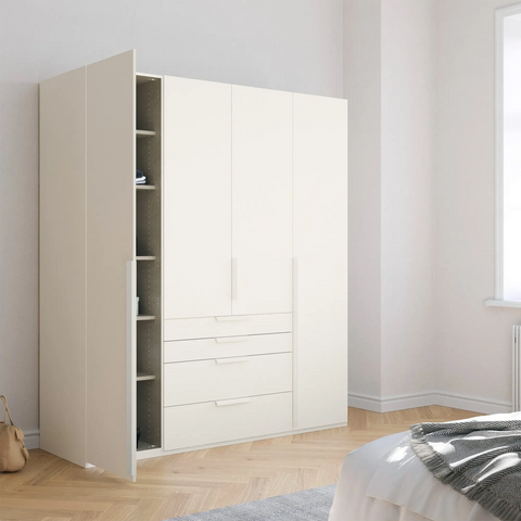 Frans 4-Door Wardrobe with Drawers in White decor finish, showcasing modern design, spacious interior, and premium craftsmanship. Ideal for organised and stylish bedroom storage solutions. Dimensions are Width 200cm and Height 223cm. - 003