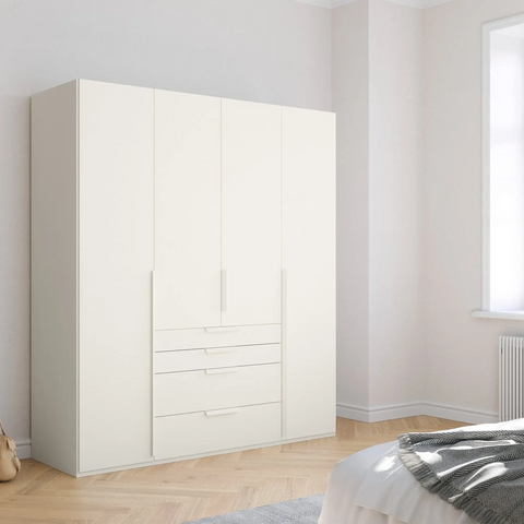 Frans 4-Door Wardrobe with Drawers in White decor finish, showcasing modern design, spacious interior, and premium craftsmanship. Ideal for organised and stylish bedroom storage solutions. Dimensions are Width 200cm and Height 223cm. - 005