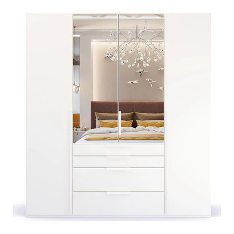 Frans 4-Door Wardrobe with Drawers in White decor finish, showcasing modern design, spacious interior, and premium craftsmanship. Ideal for organised and stylish bedroom storage solutions. Dimensions are Width 200cm and Height 223cm. - 006