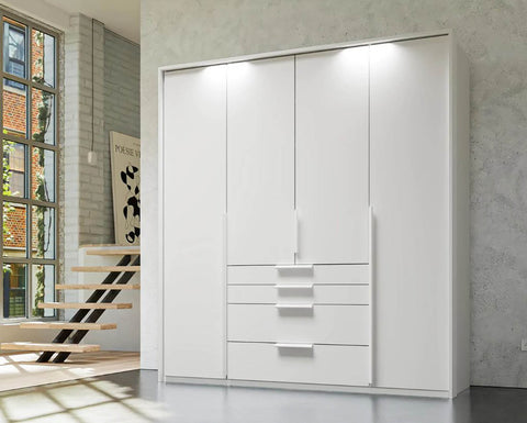 Frans 4-Door Wardrobe with Drawers in White decor finish, showcasing modern design, spacious interior, and premium craftsmanship. Ideal for organised and stylish bedroom storage solutions. Dimensions are Width 200cm and Height 223cm. - 007