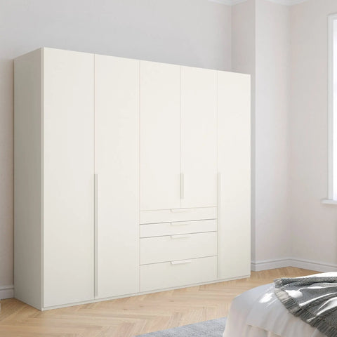 Frans 5 Door White wardrobe with Drawers at the bottom, Size: Width 250cm, Height 223cm and Depth 60cm. Colour White, Front Decor with optional Mirror - Bedroom Storage Solution Large Cupboard - 001