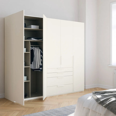 Frans 5 Door White wardrobe with Drawers at the bottom, Size: Width 250cm, Height 223cm and Depth 60cm. Colour White, Front Decor with optional Mirror - Bedroom Storage Solution Large Cupboard - 002