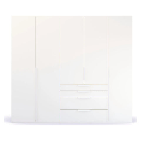 Frans 5 Door White wardrobe with Drawers at the bottom, Size: Width 250cm, Height 223cm and Depth 60cm. Colour White, Front Decor with optional Mirror - Bedroom Storage Solution Large Cupboard - 003