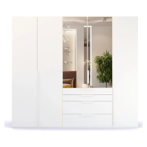 Frans 5 Door White wardrobe with Drawers at the bottom, Size: Width 250cm, Height 223cm and Depth 60cm. Colour White, Front Decor with optional Mirror - Bedroom Storage Solution Large Cupboard - 004