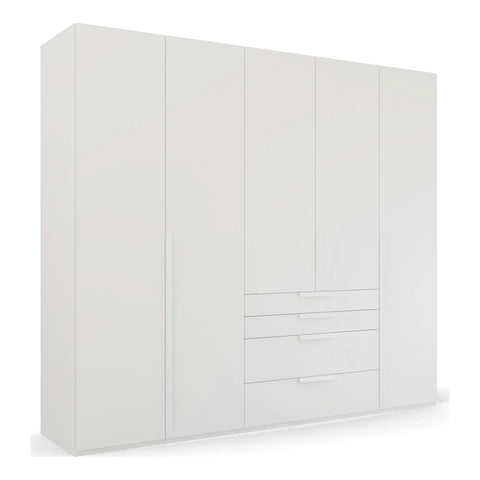 Frans 5 Door White wardrobe with Drawers at the bottom, Size: Width 250cm, Height 223cm and Depth 60cm. Colour White, Front Decor with optional Mirror - Bedroom Storage Solution Large Cupboard - 005