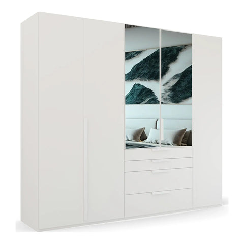 Frans 5 Door White wardrobe with Drawers at the bottom, Size: Width 250cm, Height 223cm and Depth 60cm. Colour White, Front Decor with optional Mirror - Bedroom Storage Solution Large Cupboard - 006