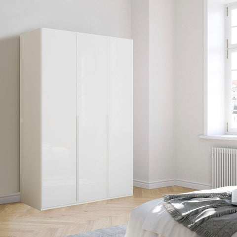 "Contemporary Frans Wardrobe with 3 Doors - White Glass finish. Elegant and functional design with elongated handles matching the cabinet color. Glass fronts provide a sophisticated touch. Available in three color options: Graphite, Silk Grey, and White. Elevate your storage with this stylish wardrobe." - 015