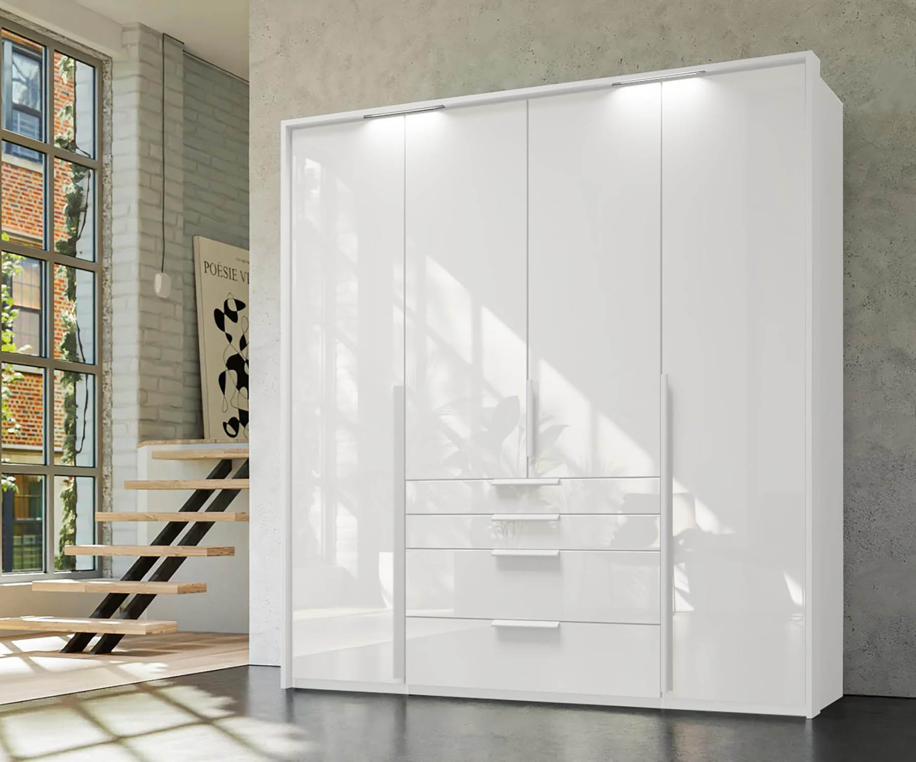 Frans 200cm Glass 4 Door Wardrobe with Drawers