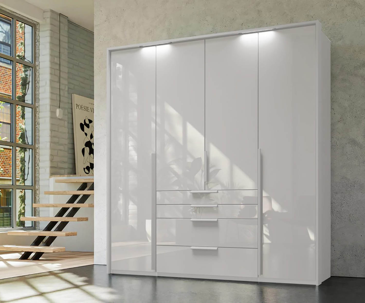 Frans 200cm Glass 4 Door Wardrobe with Drawers