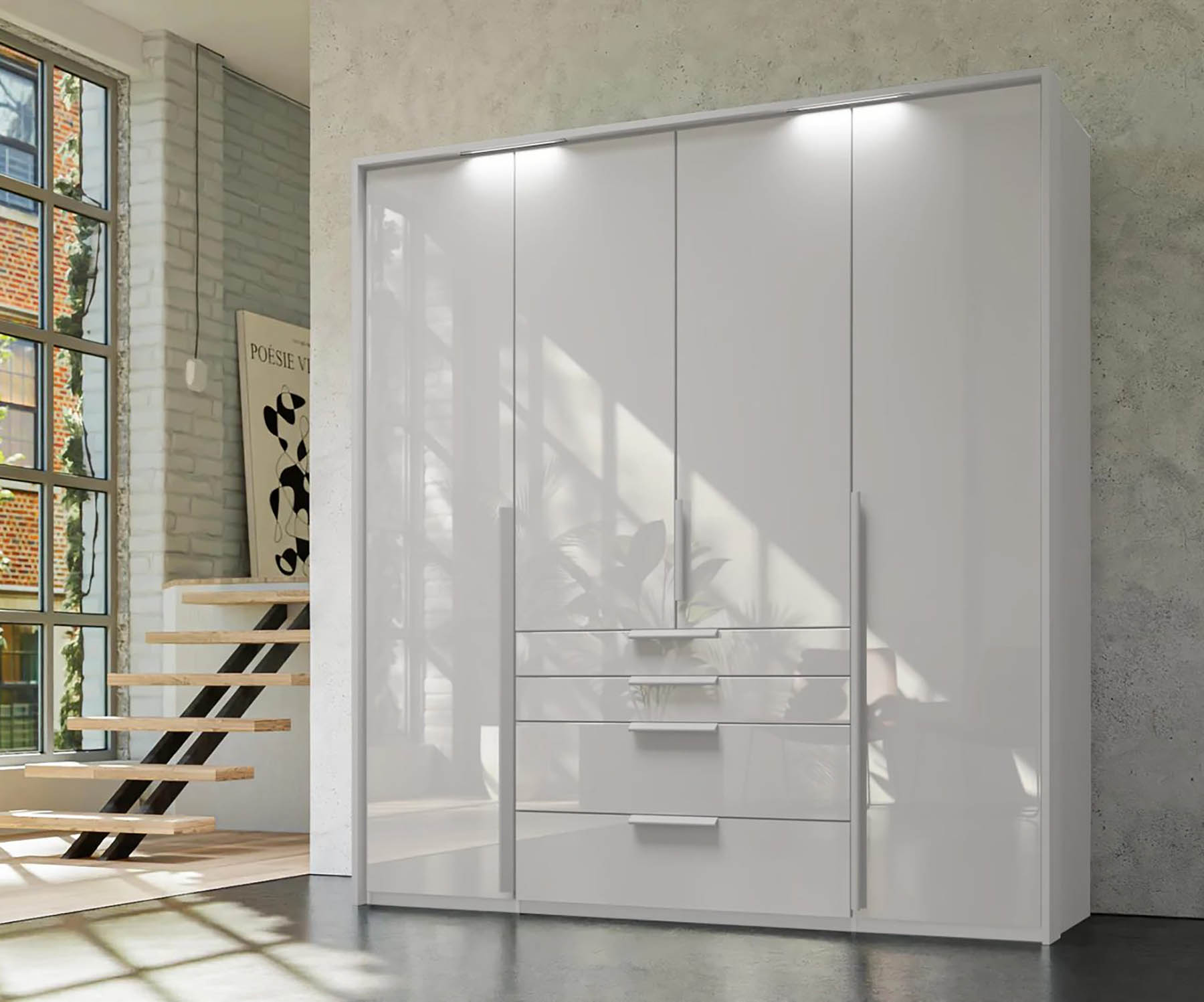 Frans 200cm Glass 4 Door Wardrobe with Drawers