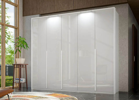 Frans White Wardrobe 5 Door by Rauch with color glass fronts. Choose from refined White, Silk Grey, or Graphite finishes. Chic and versatile storage solution for your bedroom, featuring sophisticated design elements, comes with free assembly service. - 14