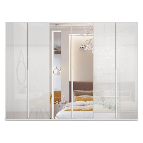 Frans White 6 door 3m long wardrobe with Mirror, comes with premium interior. Available for Sale online free delivery and assembly, Pay with interest free monthly instalments - With Mirror on the Middle Doors