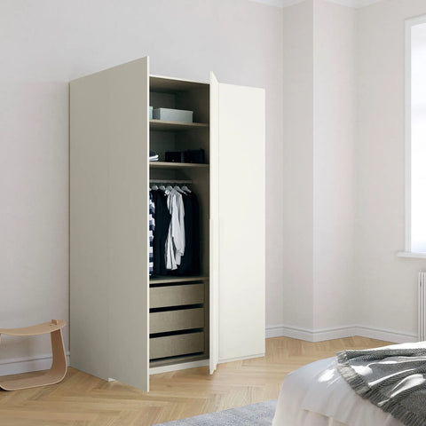 "Contemporary Frans Wardrobe with 3 Doors - White Glass finish. Elegant and functional design with elongated handles matching the cabinet color. Glass fronts provide a sophisticated touch. Available in three color options: Graphite, Silk Grey, and White. Elevate your storage with this stylish wardrobe." - 017