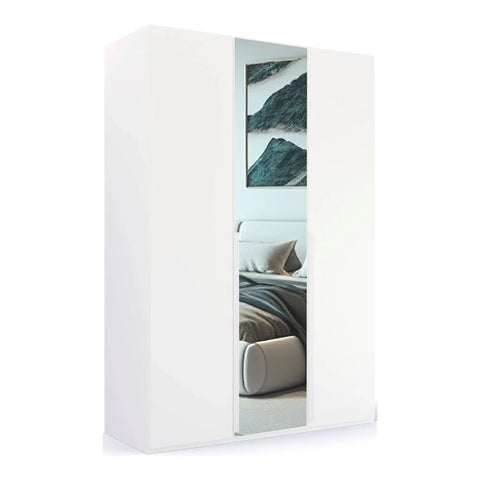 Frans Hinged 3 Door 150cm Wardrobe with Integrated Drawers and Modern Metal Handles in Cabinet Color, Premium Quality, Made in Germany. Size: Width 150cm Height 223cm Depth 60cm . Comes From Free Assembly Service - Middle Mirror Door