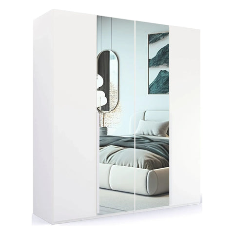 Rauch Frans Hinged Door Wardrobe with puristic design, revolving doors, spacious interior, premium quality, and soft-close mechanism. Customize your storage with 10-year warranty. Free assembly service included. - White Colour and Mirror