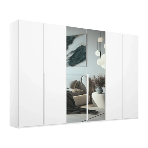 "Modern and Spacious 6-Door Wardrobe in Classic Black, Grey, and White Colors, Ideal for Contemporary Bedrooms, 300cm Width, Premium Quality, Free Delivery, and Assembly." - White and Mirror Front