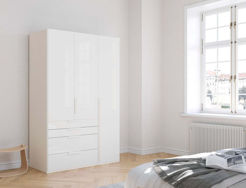 Rauch Frans Premium 3-Door Wardrobe with Drawers, Dimensions: W151cm x H223cm. Available in Glass Front White Glass, Basalt Glass, and Silk Grey Glass. Choose the optional mirror above drawers. Free delivery and assembly included. Enhance your space with this high-quality wardrobe - 014