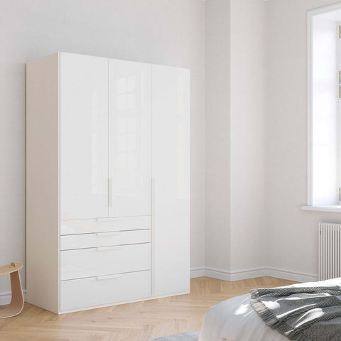 Rauch Frans Premium 3-Door Wardrobe with Drawers, Dimensions: W151cm x H223cm. Available in Glass Front White Glass, Basalt Glass, and Silk Grey Glass. Choose the optional mirror above drawers. Free delivery and assembly included. Enhance your space with this high-quality wardrobe - 015