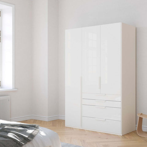 Rauch Frans Premium 3-Door Wardrobe with Drawers, Dimensions: W151cm x H223cm. Available in Glass Front White Glass, Basalt Glass, and Silk Grey Glass. Choose the optional mirror above drawers. Free delivery and assembly included. Enhance your space with this high-quality wardrobe - 016