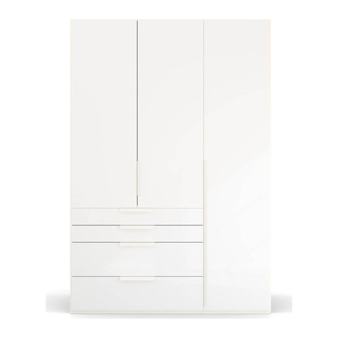 Rauch Frans Premium 3-Door Wardrobe with Drawers, Dimensions: W151cm x H223cm. Available in Glass Front White Glass, Basalt Glass, and Silk Grey Glass. Choose the optional mirror above drawers. Free delivery and assembly included. Enhance your space with this high-quality wardrobe - 018