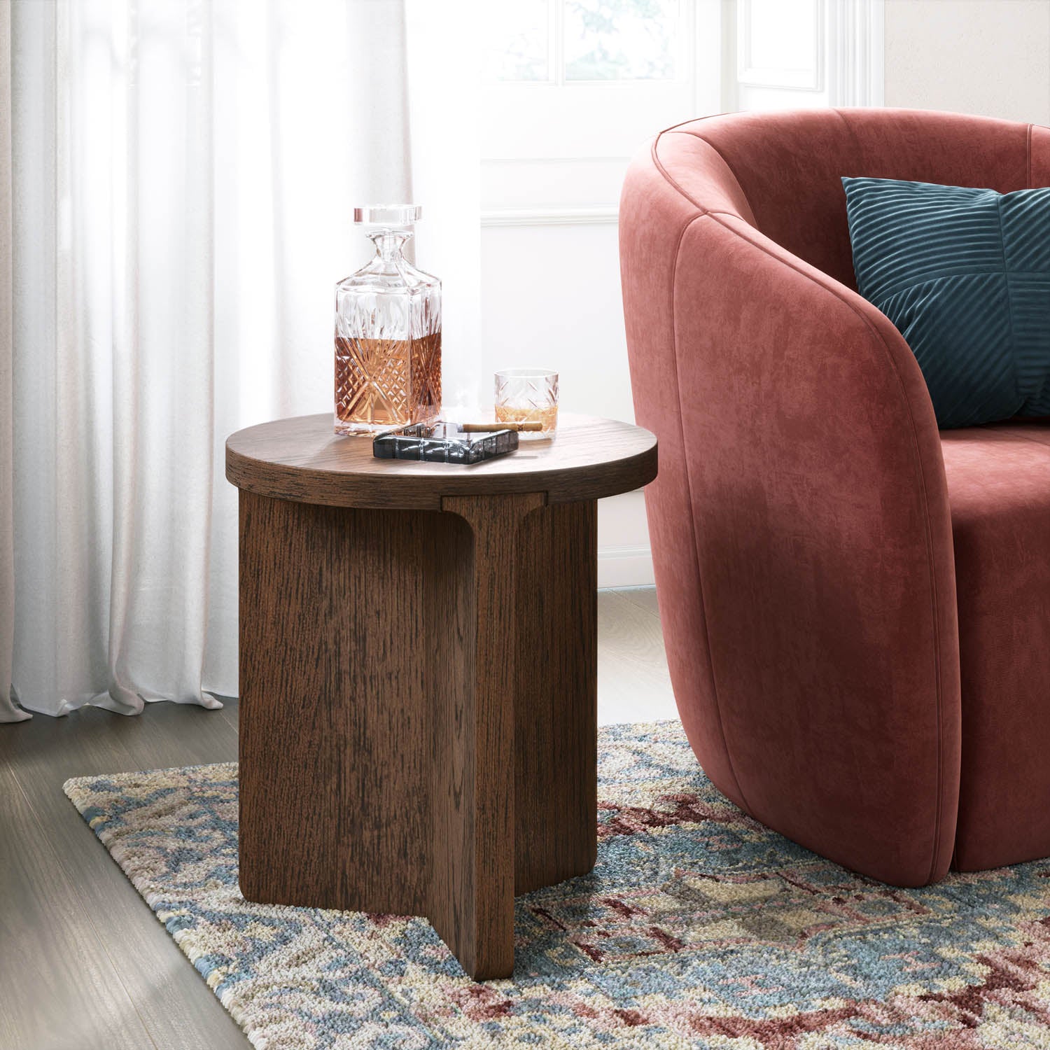 Saint Amond Dark Wood Small Round Side Table, matching furniture available - Lifestyle Image 