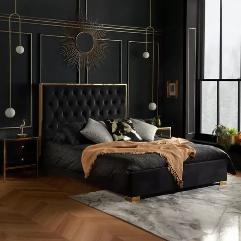 Gloucester Bed: A luxurious retreat with opulent gold or chrome trimmings, upholstered in Black or Grey Plush Velvet Fabric. Meticulously crafted for comfort and elegance, available in Double or King Size for a perfect blend of style and sophistication - Lifestyle Image