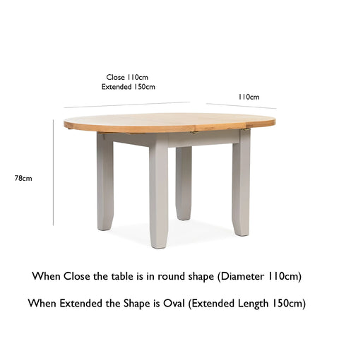 Gloucester 1.1M Grey Painted Round Extending Dining Table With Oak Top - Dimensions