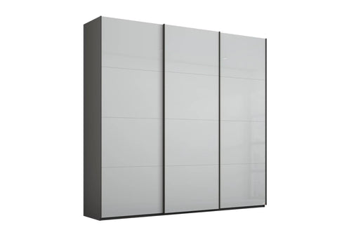 Rauch Formes Graphite carcase and Silk Grey Glass Front Sliding Door Wardrobe - Available in 203cm and 271cm widths, 210cm and 229cm heights with 3 sliding doors. Visit our Nelson, Lancashire store or buy online. Free delivery and assembly throughout England."