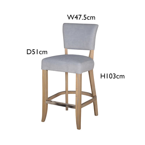 Blue Velvet Bar Chair with Solid Oak Legs. Studded detail to the back of the Chair. Also available in Light Grey and Dark Grey - Dimensions 