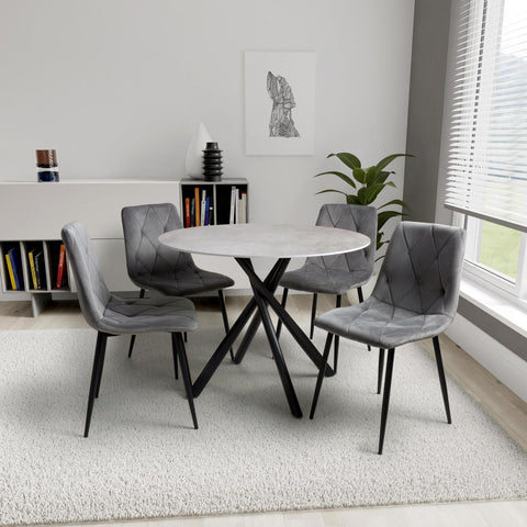 Grey Granite effect Round Dining Table with 4 Brushed Velvet Grey Chairs. Chairs also available in Yellow-Lifestyle image  