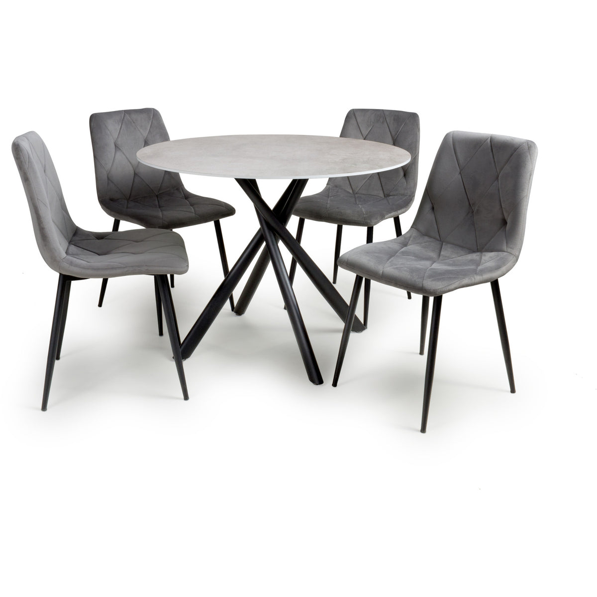 Grey Granite effect Round Dining Table with 4 Brushed Velvet Grey Chairs. Chairs also available in Yellow-Dining set image