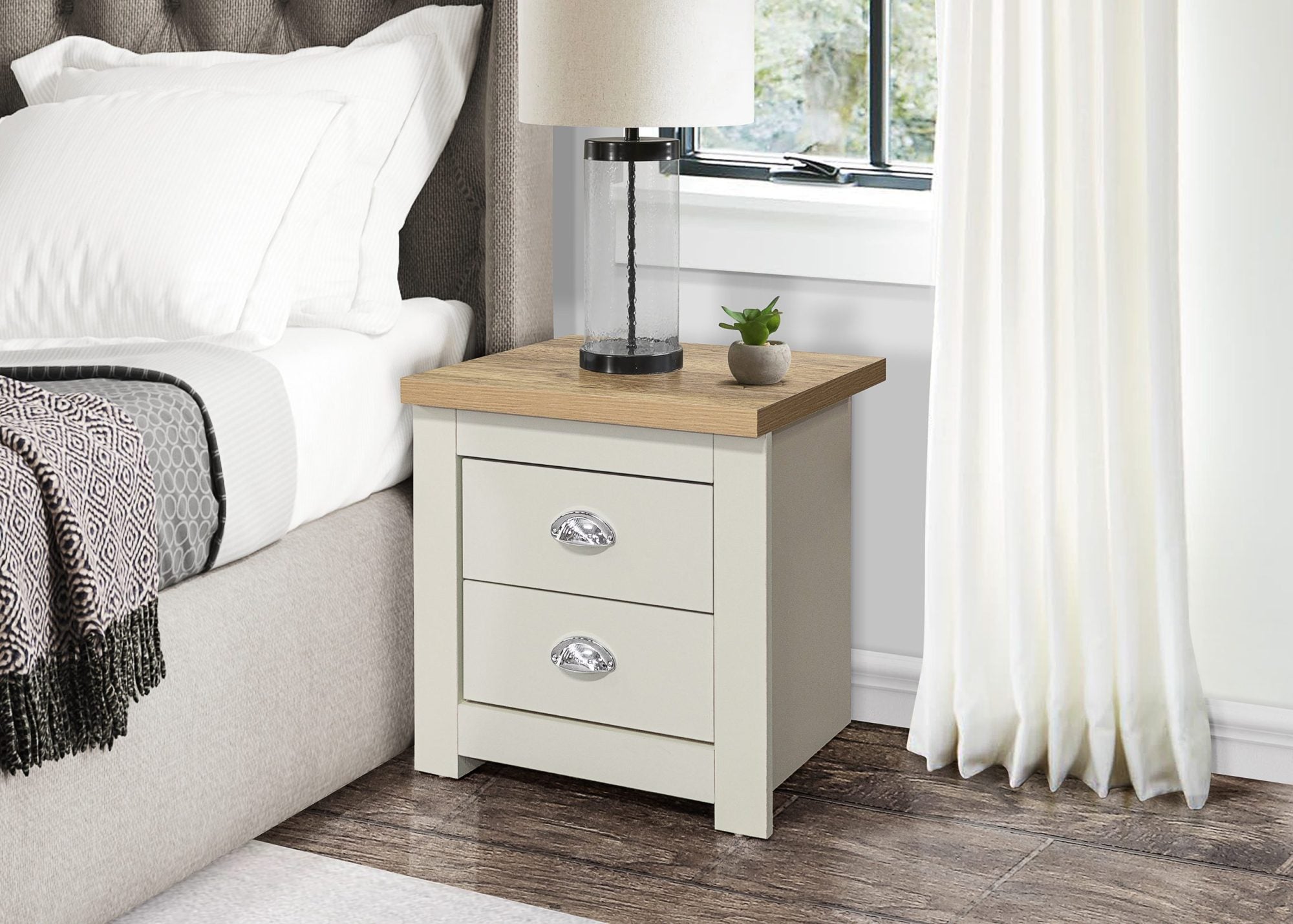 Hillcrest 2 Drawer Bedside Cream & Oak Effect - Pair