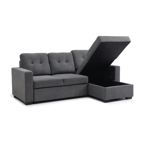 Hampshire Grey Textured Weave Fabric Corner Sofa Bed. Available in Grey, Navy and Natural - Storage in Chaise 