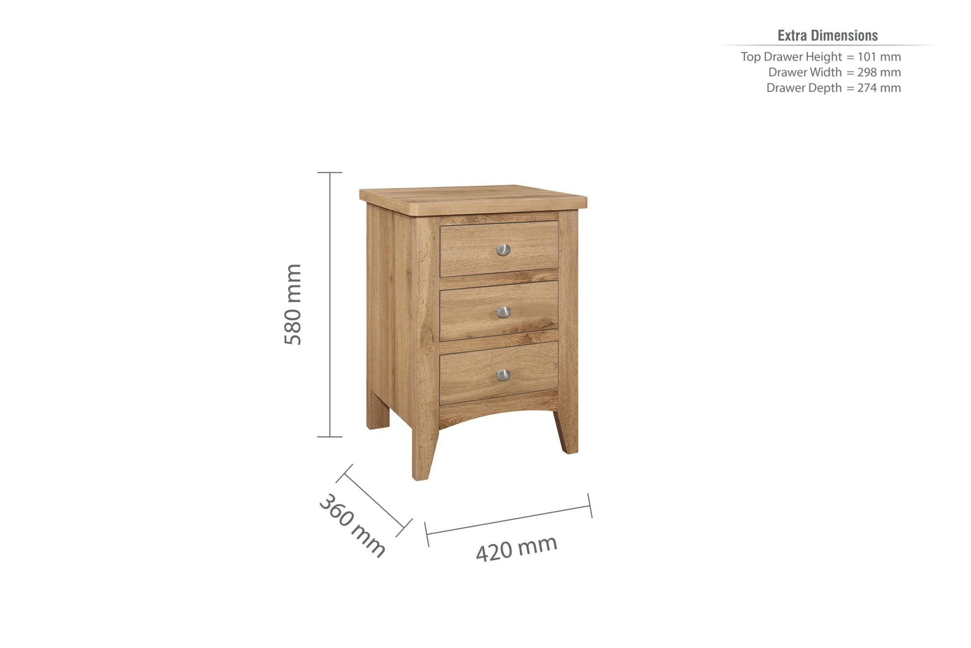 Havencrest 3 Drawer Bedside Oak - Pair