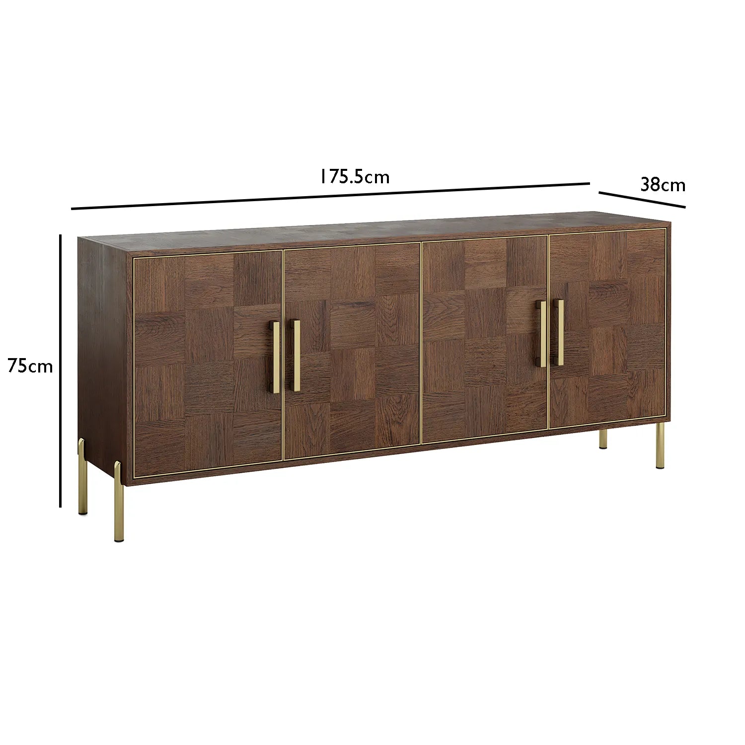 Hemingway Mahogany Oak and Gold 4 Door Sideboard, also available in a 2 and 3 door sideboard - Dimensions