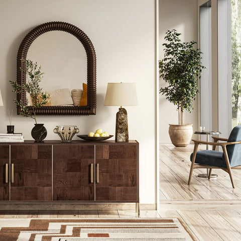 Hemingway Mahogany Oak and Gold 4 Door Sideboard, also available in a 2 and 3 door sideboard - Lifestyle Image 